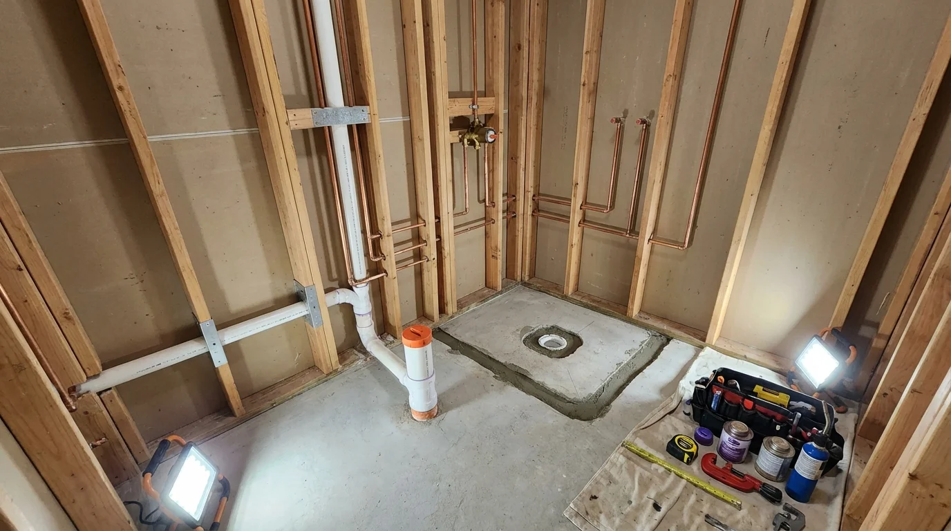 Bathroom rough-in plumbing during remodel by Johns Plumbing LLC in Columbia Falls