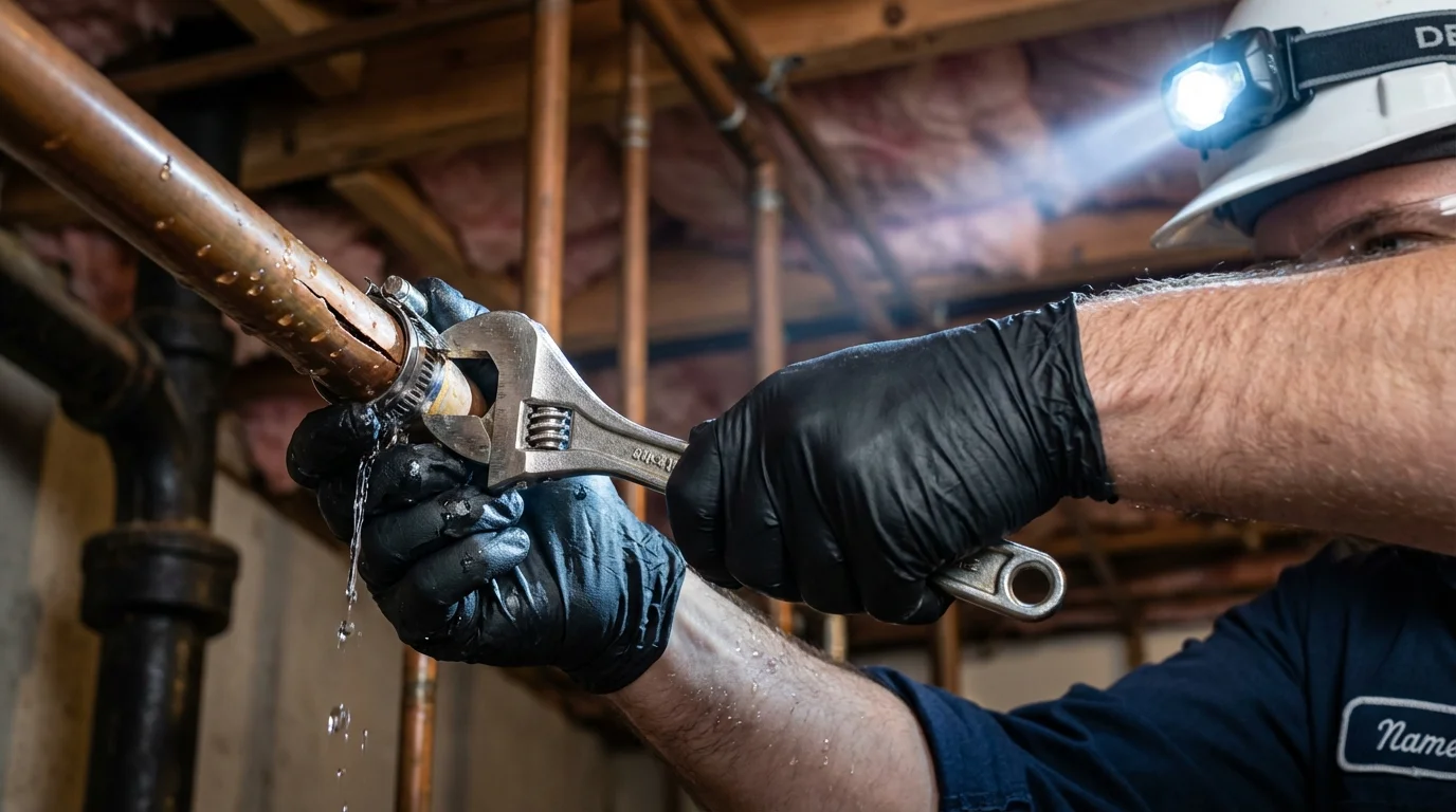 Emergency pipe clamp repair being performed by a Johns Plumbing LLC plumber in Columbia Falls
