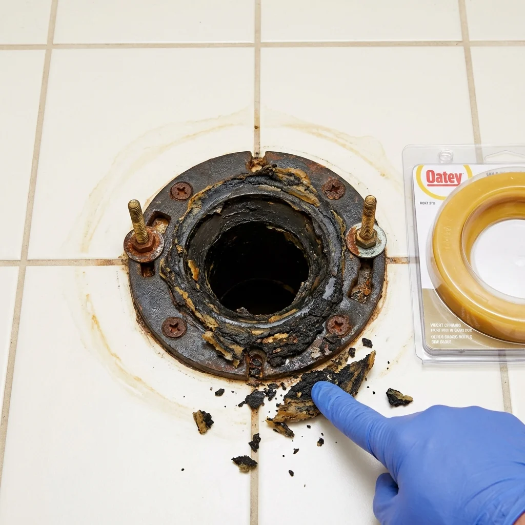 Failed wax ring showing water seepage at the base of a toilet in a Columbia Falls, MT home