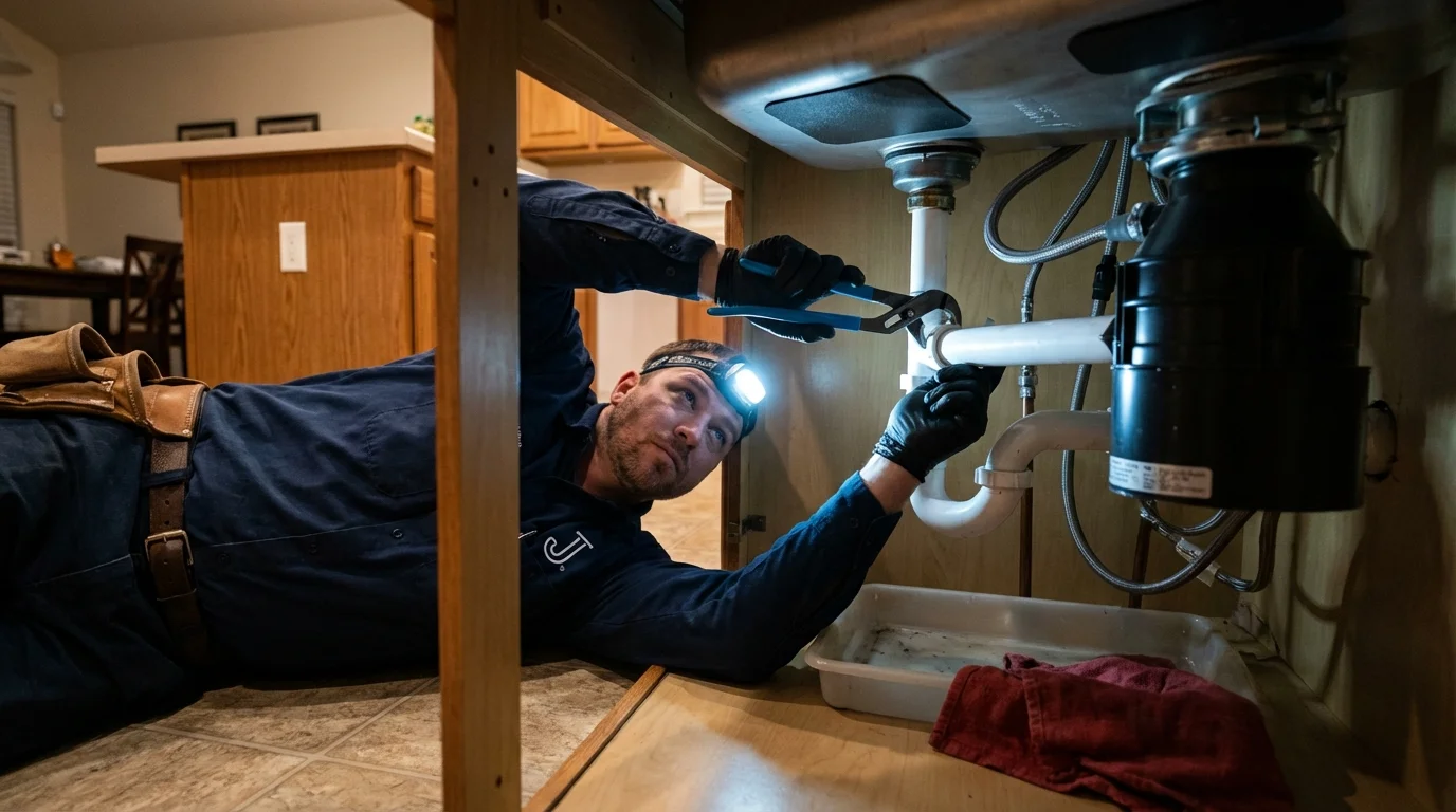 P-trap and supply line connections under a kitchen sink showing a common leak point in Columbia Falls, MT
